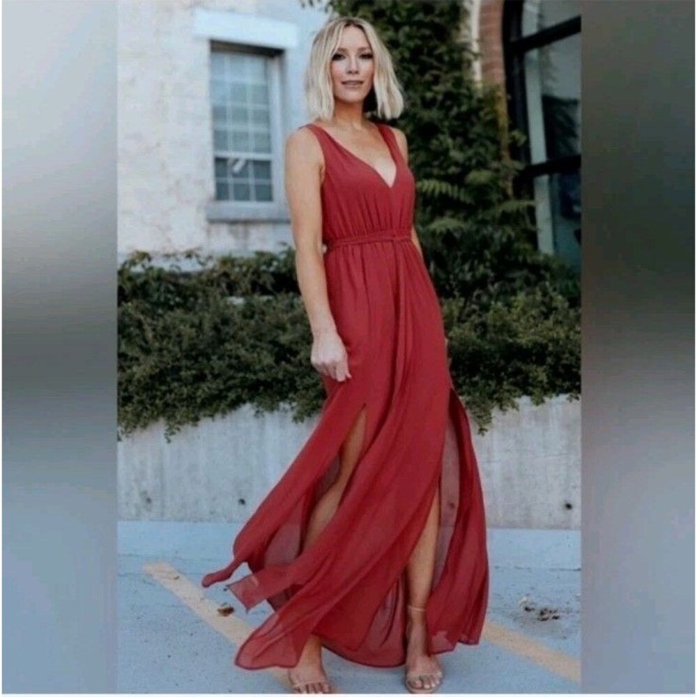 Baltic Born Red V-Neck Sleeveless Midi Dress with Slits